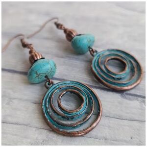 NWT Faux Turquoise Boho Copper Spiral Dangle Earrings Verdigris Drop Western